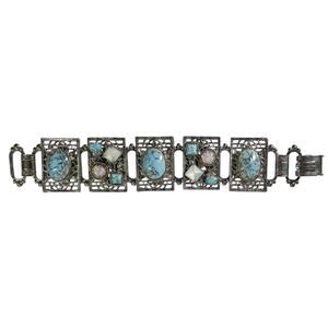 80s Silver Tone Faux Turquoise & Iridescent Stones Retro Victorian Link Bracelet